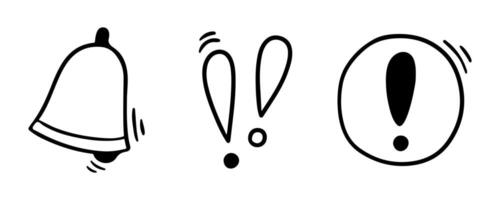 Hand drawn exclamation mark, doodle notification bell, alert danger information sign set. Scribble exclamation point, stop warning sign. vector