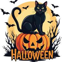 a black cat is sitting on a pumpkin with bats flying around it vector
