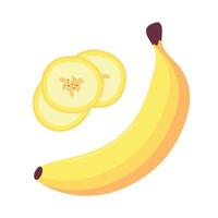 Banana fruit with slices in flat style isolated on white background. Cartoon banana vector