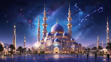 A majestic mosque with multiple minarets under a starry night sky, showcasing architectural beauty and serene ambiance. video