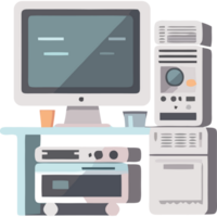 Computer desk with monitor, keyboard, mouse and other items png