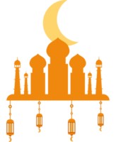 An orange mosque with lanterns and crescent png