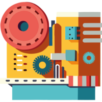A flat design of a machine with gears and wheels png