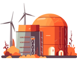 An orange building with wind turbines and a windmill png