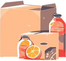 A box with oranges and a bottle of juice png