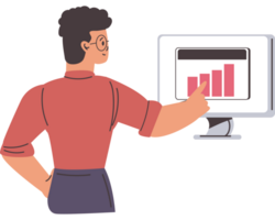 Man pointing at a graph on a computer screen png