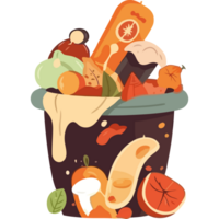 Garbage can with various fruits and vegetables png