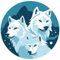 Three white wolfs in a circle with mountains in the background png