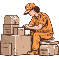 A man in an orange uniform is sitting on a stack of boxes png