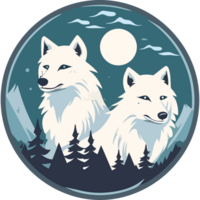 Two white wolves standing in front of trees and the moon png