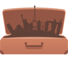A suitcase with a silhouette of the eiffel tower and other landmarks png