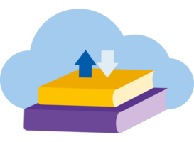 A stack of books with an arrow pointing to the cloud png