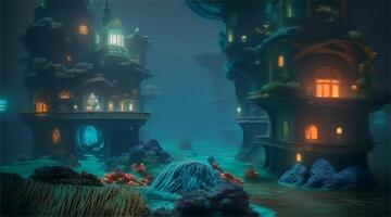 A sci-fi setting of an underwater city on a new world where futuristic architecture meets alien landscapes, offering a glimpse into future space settlement and galaxy exploration. video