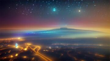une futuriste monde au-delà imagination, mettant en valeur une Nouveau planète avec Avancée civilisation et futuriste architecture, ensemble dans un d'un autre monde paysage à l'extérieur notre connu univers. video