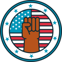 A fist raised in front of an american flag png