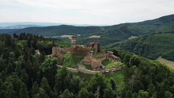 Aerial ascending orbiting view of castle Zborov in Slovakia in August 2024 video
