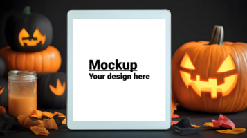 Mock up of a tablet on a Halloween background with pumpkins psd