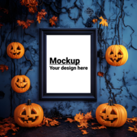 Mockup of a black frame hanging on the wall on a halloween background with pumpkins and leaves psd