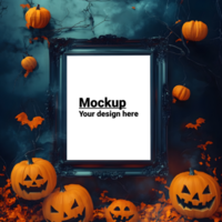 Layout of a black frame hanging on the wall on a halloween background with pumpkins and leaves psd