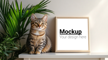 Cat mockup with a frame on a shelf psd