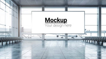 An empty airport lobby with chairs and a large screen psd