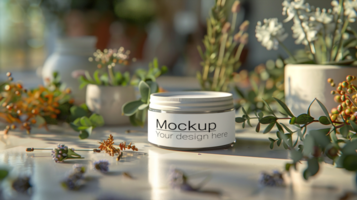 Mockup of a jar of cream on a table with flowers psd