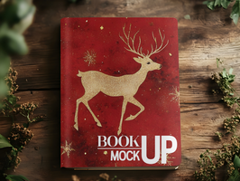 Warm book mockup with a hardcover on a wooden table, surrounded by cozy elements like a steaming tea, blanket, and autumn leaves, AI-Generated psd