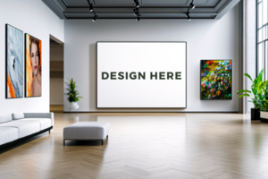 Canvas mockup in modern art gallery for branding and artwork placement psd