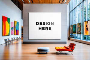 Large painting canvas mockup in modern art gallery for branding and artwork placement psd