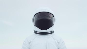 Modern Astronaut In White Spacesuit, Front View Of Space Explorer With Reflective Visor, Minimalist Space Themed Portrait With Blank Background photo