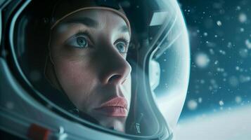 Portrait of Female Astronaut in Space Helmet Gazing Thoughtfully into Distance with Reflections in Visor, High-Detail Realism, Space Exploration Theme for Science, Technology, and Inspiration Concepts photo