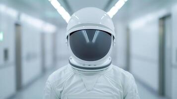 Futuristic Astronaut in White Space Suit Standing in Sci-Fi Laboratory Hallway, Exploration Concept, White and Minimalist Design, High-Tech Environment photo