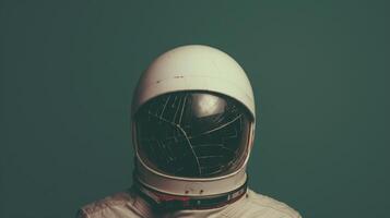 Cracked Astronaut Helmet Visor with Dark Green Background, Space Suit Reflection, Outer Space Exploration, Science Fiction Imagery, Futuristic Space Exploration Concept photo