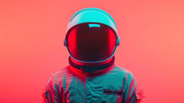Neon Astronaut Portrait Against Vibrant Red Background for Futuristic and Space-Themed Designs photo
