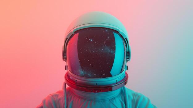 Futuristic Space Helmet with Starry Galaxy Reflection Against Gradient Background, Symbolizing Space Exploration, Adventure, and Futurism in Cinematic Bright Colors photo