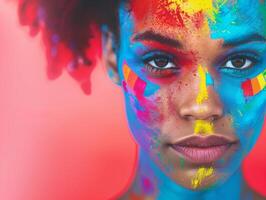 Vivid Portrait of Woman with Colorful Abstract Face Paint on Red Gradient Background for Creative Art and Expression Concepts photo