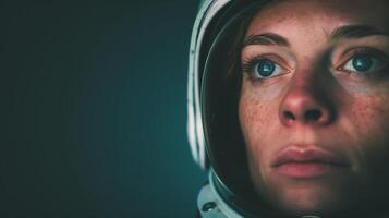 Determined Female Astronaut Close-Up, Intense Gaze in Space Helmet, Space Exploration Concept, Deep Blue Background, Astronaut's Resolve and Focus, Space Mission Portrayal, Human Space Journey photo