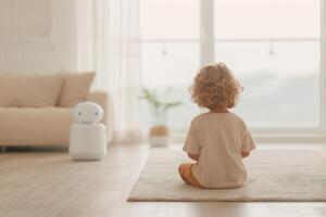 Child Sitting on Carpet in Bright Living Room with Robot Assistant, Modern Minimalist Interior, Soft Natural Light, Relaxed Atmosphere, Daytime, Technology in Home, Thoughtful Kid photo