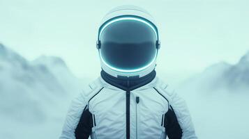 Futuristic Astronaut Exploring Alien Snowy Mountain Landscape in Advanced Spacesuit photo