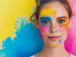 Bright Colorful Holi Festival Portrait of Young Woman with Vibrant Face Paint against Gradient Yellow and Pink Background photo