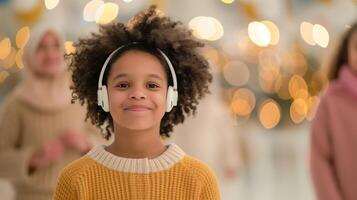 Happy Child Enjoying Holiday Season with Headphones in Festive Ambient Lighting Background photo