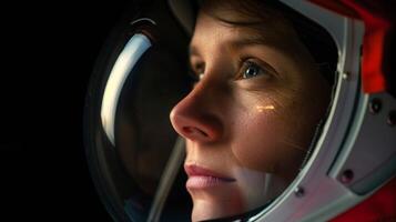 Woman Portrait of Astronaut in Space Suit Helmet Reflecting External Light, Focused Gaze, Dark Background Space Exploration Concept, Scientific Innovation Human Determination, Photorealistic Detail photo