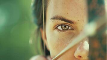 Close-Up Shot of Focused Woman's Eye With Bow And Arrow, Highlighting Precision And Dedication In Archery Against Natural Green Background, Sports, Outdoor Activities, And Motivation Themes photo