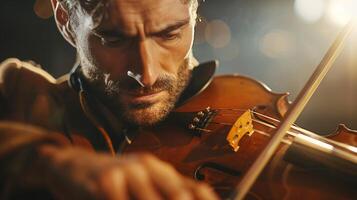 Passionate Violinist Performing under Stage Lights Close-Up with Intense Expression Warm Lighting Bokeh Background Classical Music Performance, Concert Atmosphere, Expressive String Instrument Playing photo