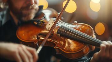Close-Up Musicians Hands Playing Violin in Concert Setting with Warm Lighting and Bokeh Background Capturing Musical Passion and Skill Performing Arts Scene Suitable for Music Event Promotions photo