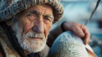 Elderly Fisherman Proudly Holding Large Fish with Wisdom and Experience Reflected in Eyes in Rustic Outdoor Setting Capturing Traditional Fishing Culture and Nostalgia on a Clear Day photo