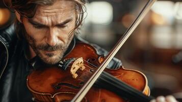 Passionate Musician Playing Violin Up Close Concentrated Expression Studio Setting Emotional Performance Musical Talent Classical Instrument Detailed Focus on Violinist's Face Intense Artistic Moment photo