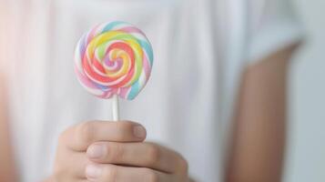 Child Holding Colorful Rainbow Lollipop, Close-Up View, Focus on Swirl Candy, White Background, Summer Fun, Sweet Treat photo