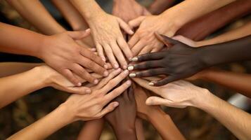 Diverse Group of Hands Touching, Symbolizing Unity, Collaboration, and Diversity - Represents Teamwork, Friendship, and Togetherness in a Multicultural and Inclusive Community Setting photo