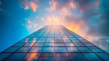 Wide Angle View of a Modern Skyscraper with Reflective Glass Dramatic Sunset Sky Featuring Orange Pink Clouds Adding Stunning Visual Contrast Against Blue Background Urban Architecture Scene Cityscape photo